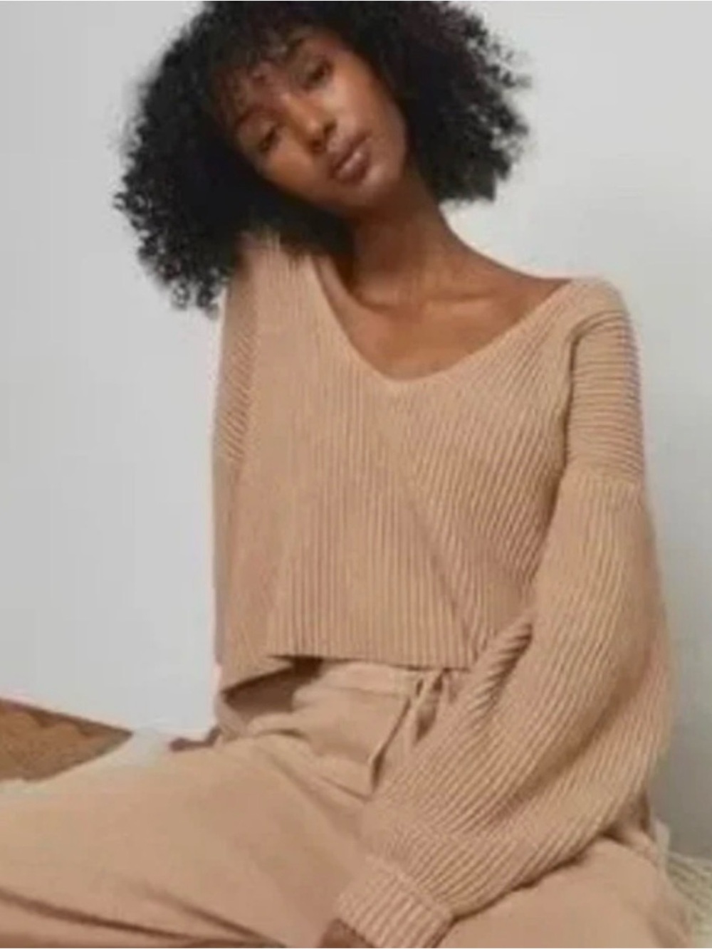 Lunya Cotton Silk Cropped V-Neck Reversible Sweater in Tan